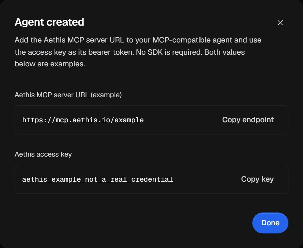 The Agent created dialog showing the Aethis MCP server URL on mcp.aethis.io and the Aethis access key, each with a copy button.