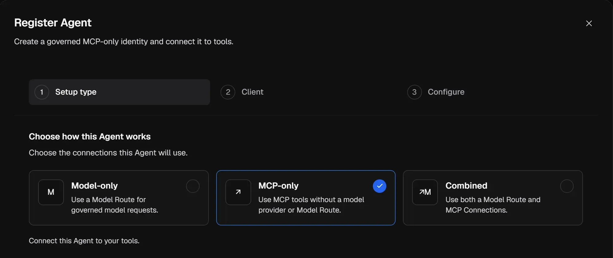 Register Agent, step 1 Setup type, with MCP-only selected.