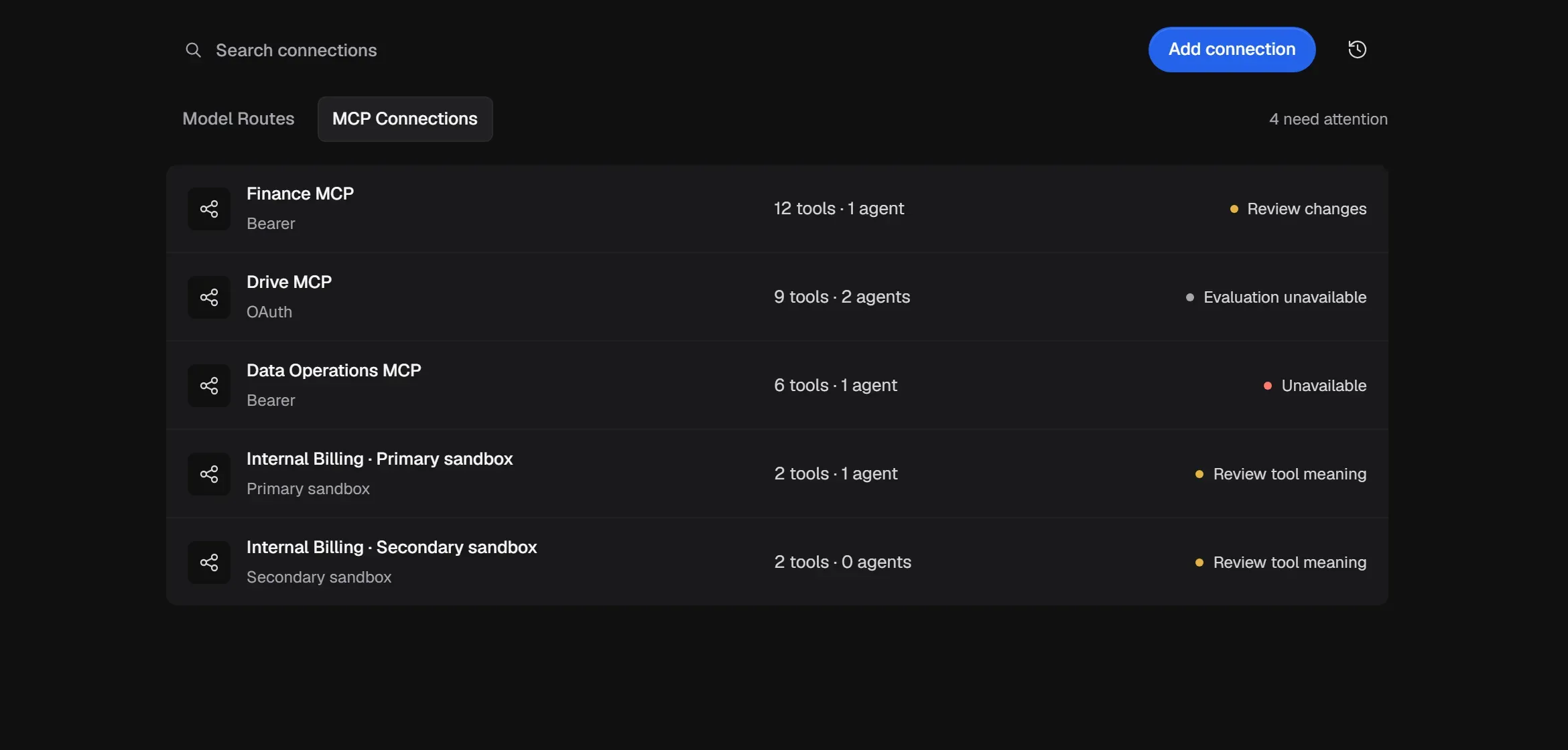 The Connections list: MCP Connections with their tool counts, assigned Agents and status.