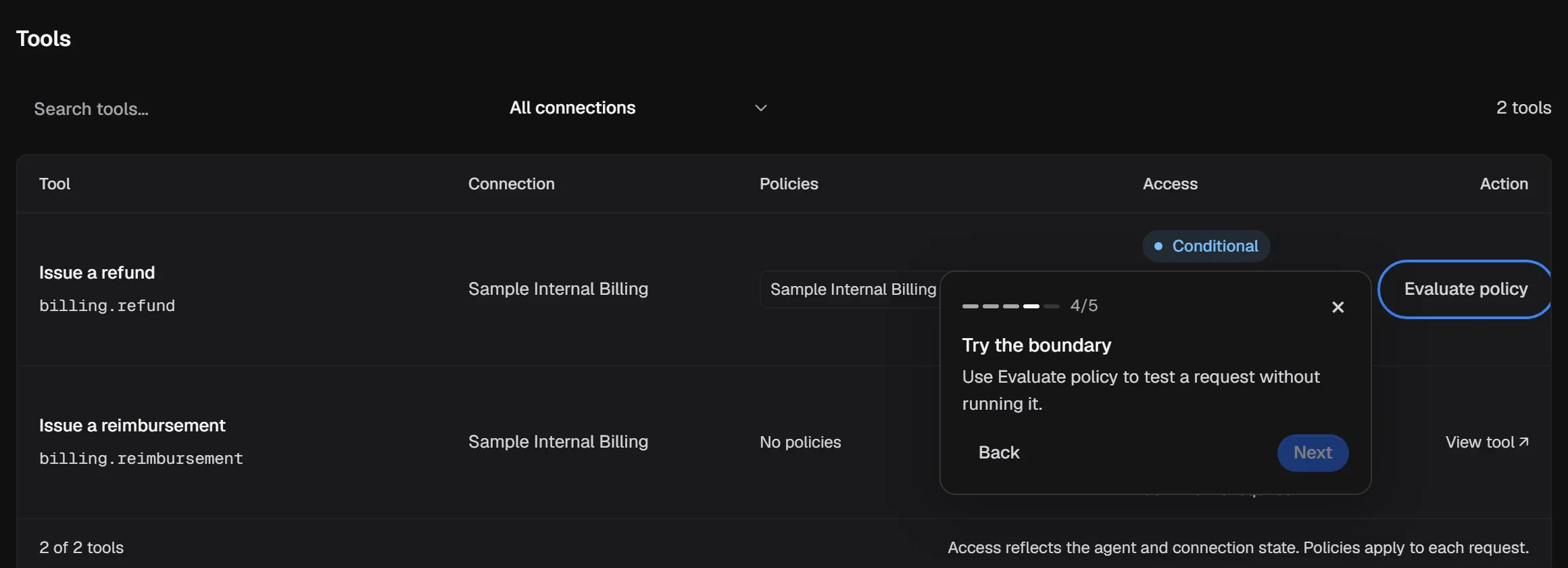 The Agent’s Tools section. Issue a refund has Conditional access and an Evaluate policy button.