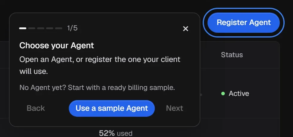The guided tour on the Agents page, step 1 of 5: Choose your Agent, with a Use a sample Agent button next to Register Agent.